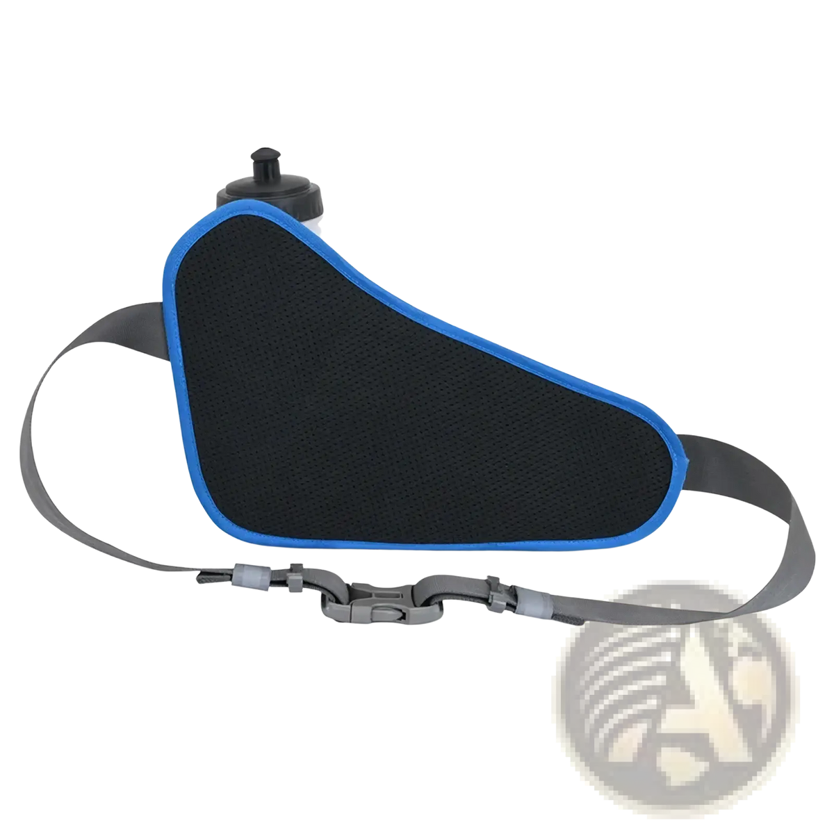 Running hydration waist pack with black and blue mesh water bottle holder and gray adjustable strap shown from the back side