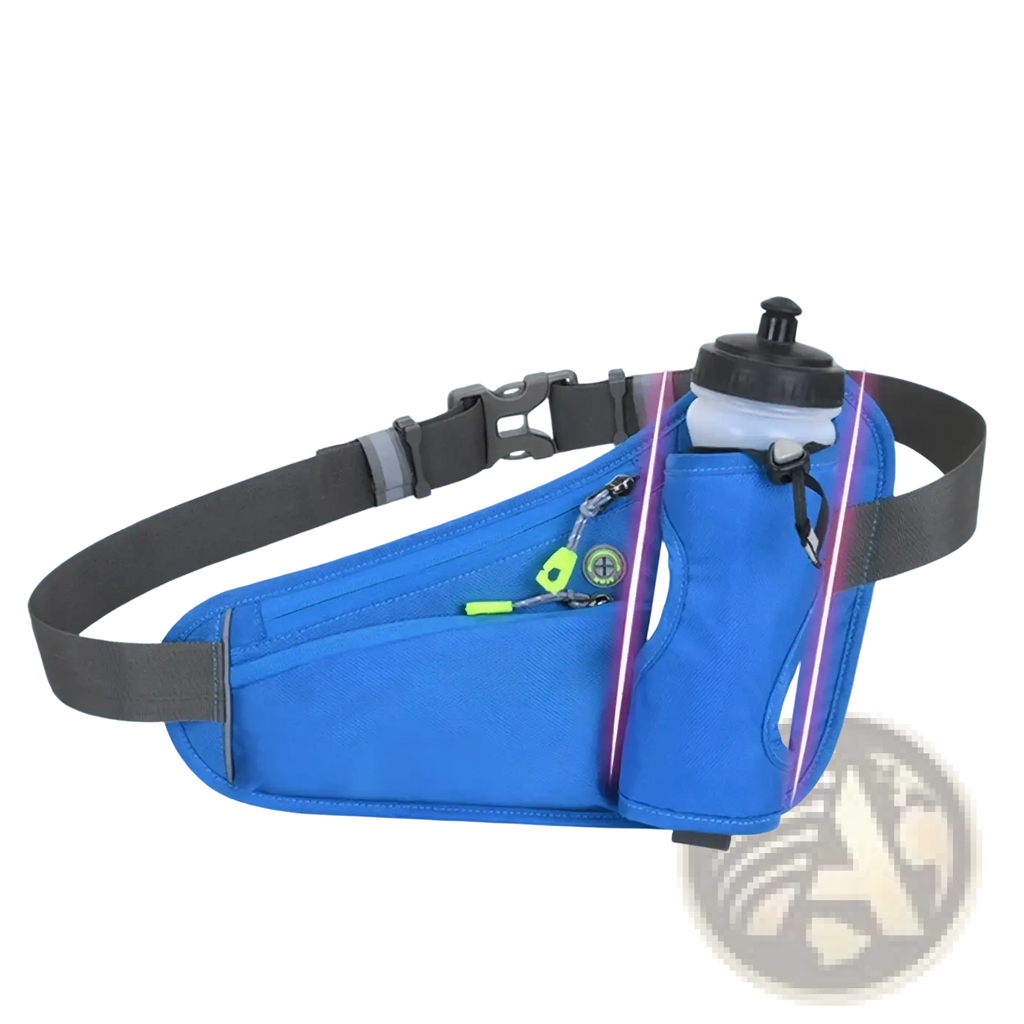 Blue running hydration waist pack featuring a 45-degree angled water bottle holder, gray adjustable straps, and zippered compartment