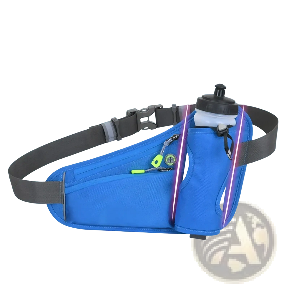 Blue running hydration waist pack featuring a 45-degree angled water bottle holder, gray adjustable straps, and zippered compartment