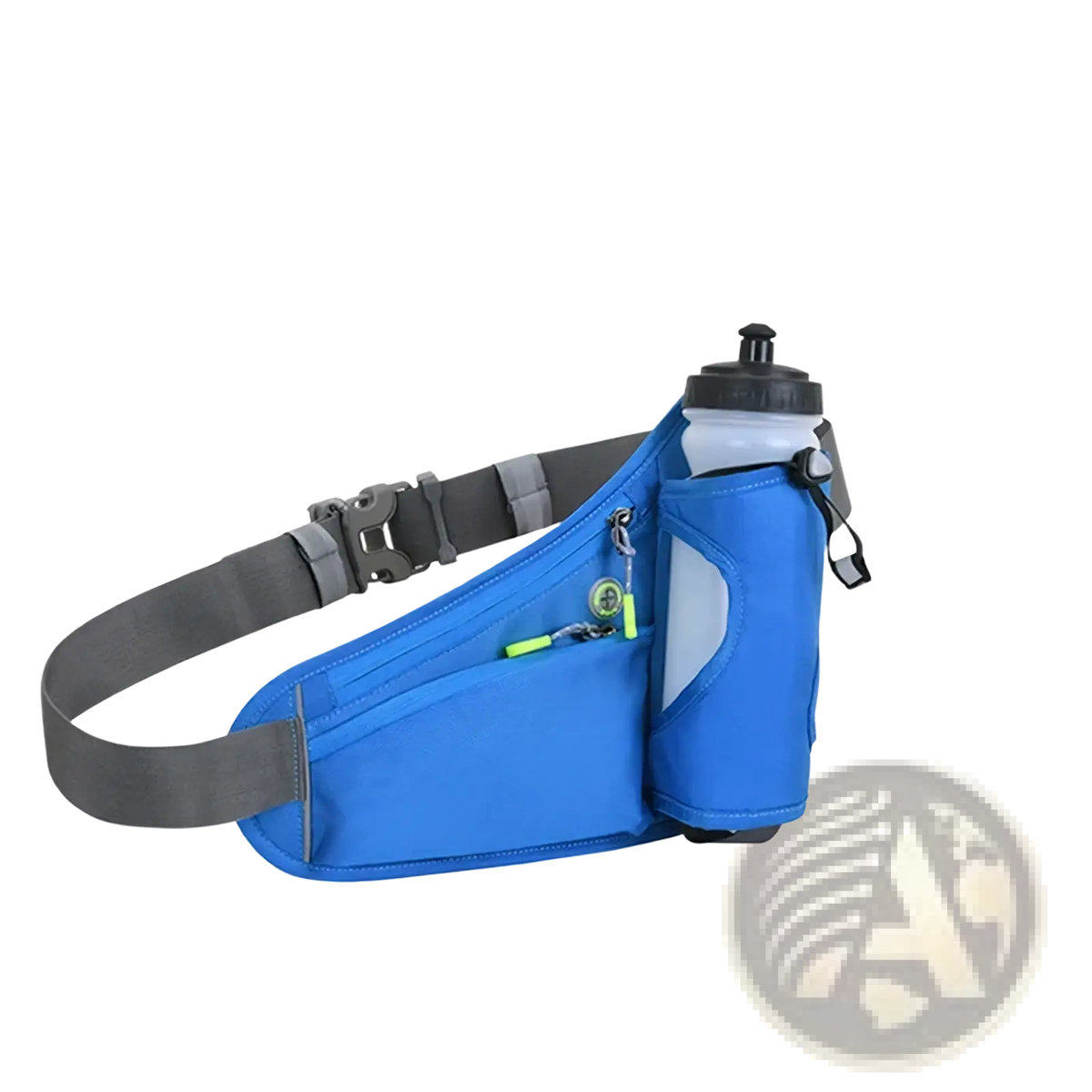 Blue running hydration waist pack with gray strap and water bottle holder for hands-free hydration during exercise