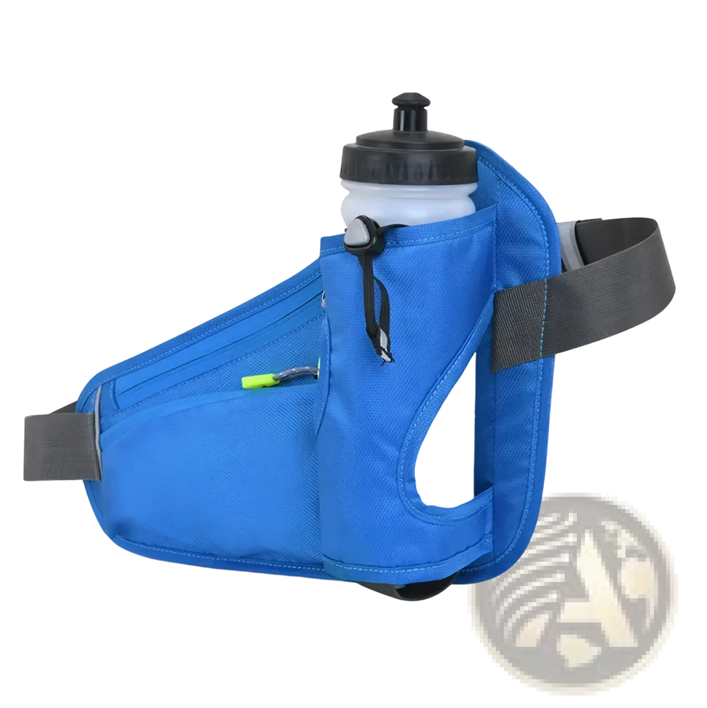 Bright blue running hydration waist pack with built-in water bottle holder and gray adjustable straps