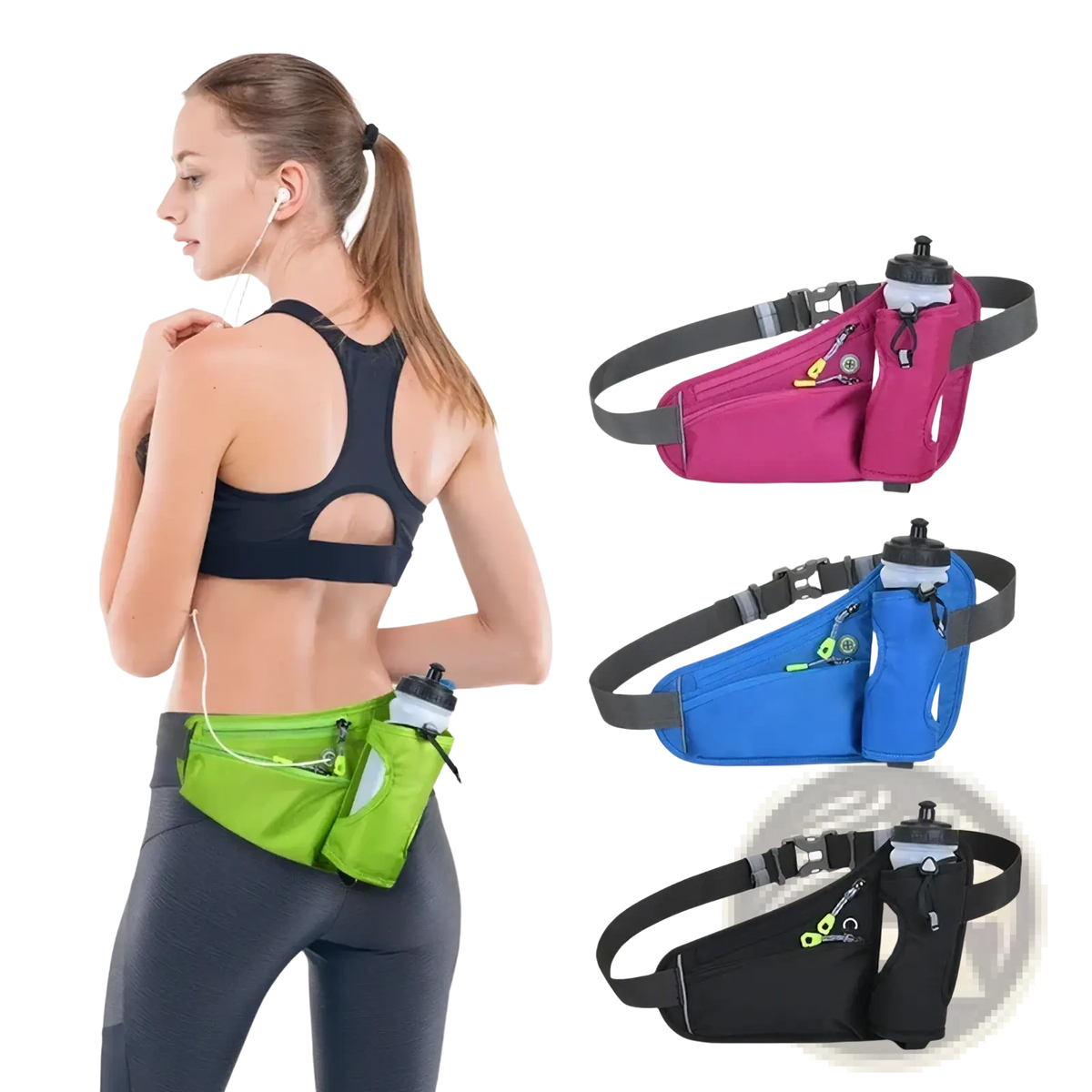 A vibrant lime green running hydration waist pack with water bottle holder and multiple storage pockets