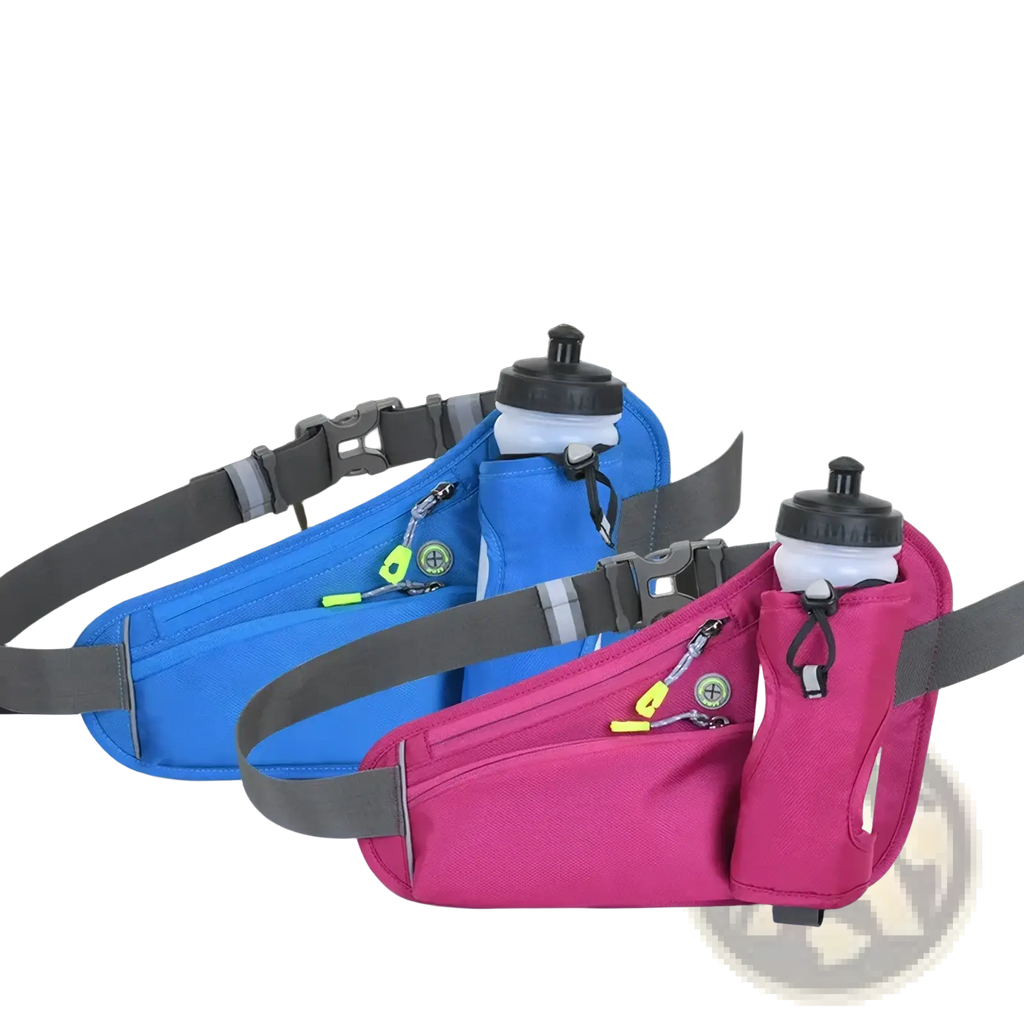 Running hydration waist pack in vibrant pink and blue with gray straps and dual water bottle holders for convenience