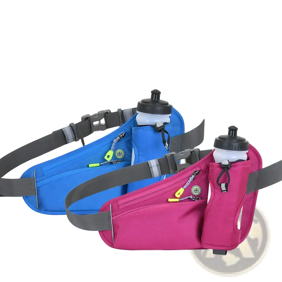 Running hydration waist pack in vibrant pink and blue with gray straps and dual water bottle holders for convenience