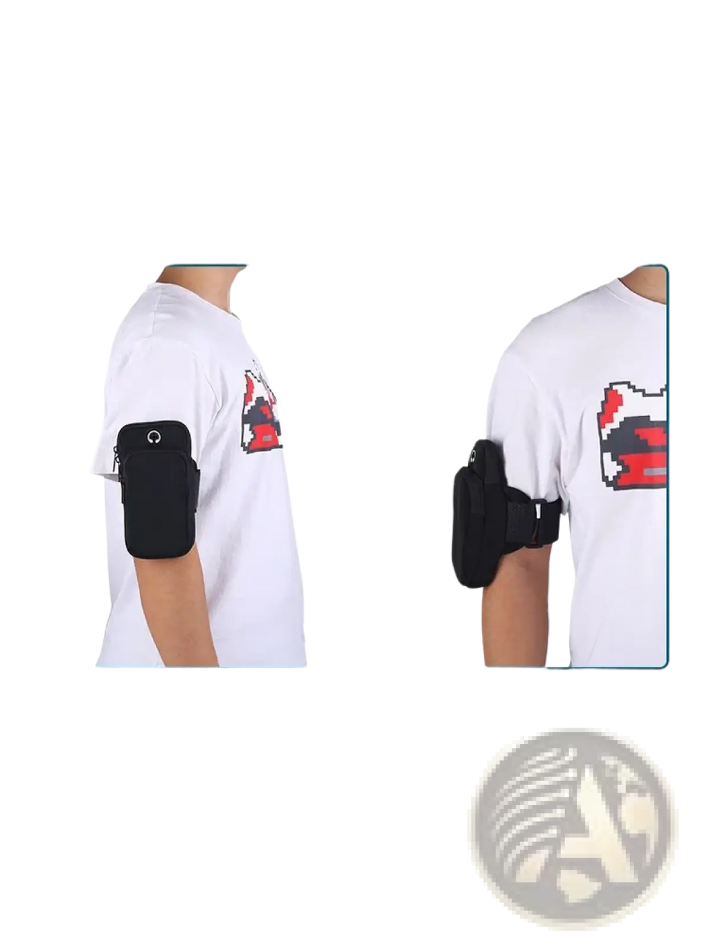 Black fabric running phone armband with adjustable strap and zipper closure for under 6 inch smartphones back side