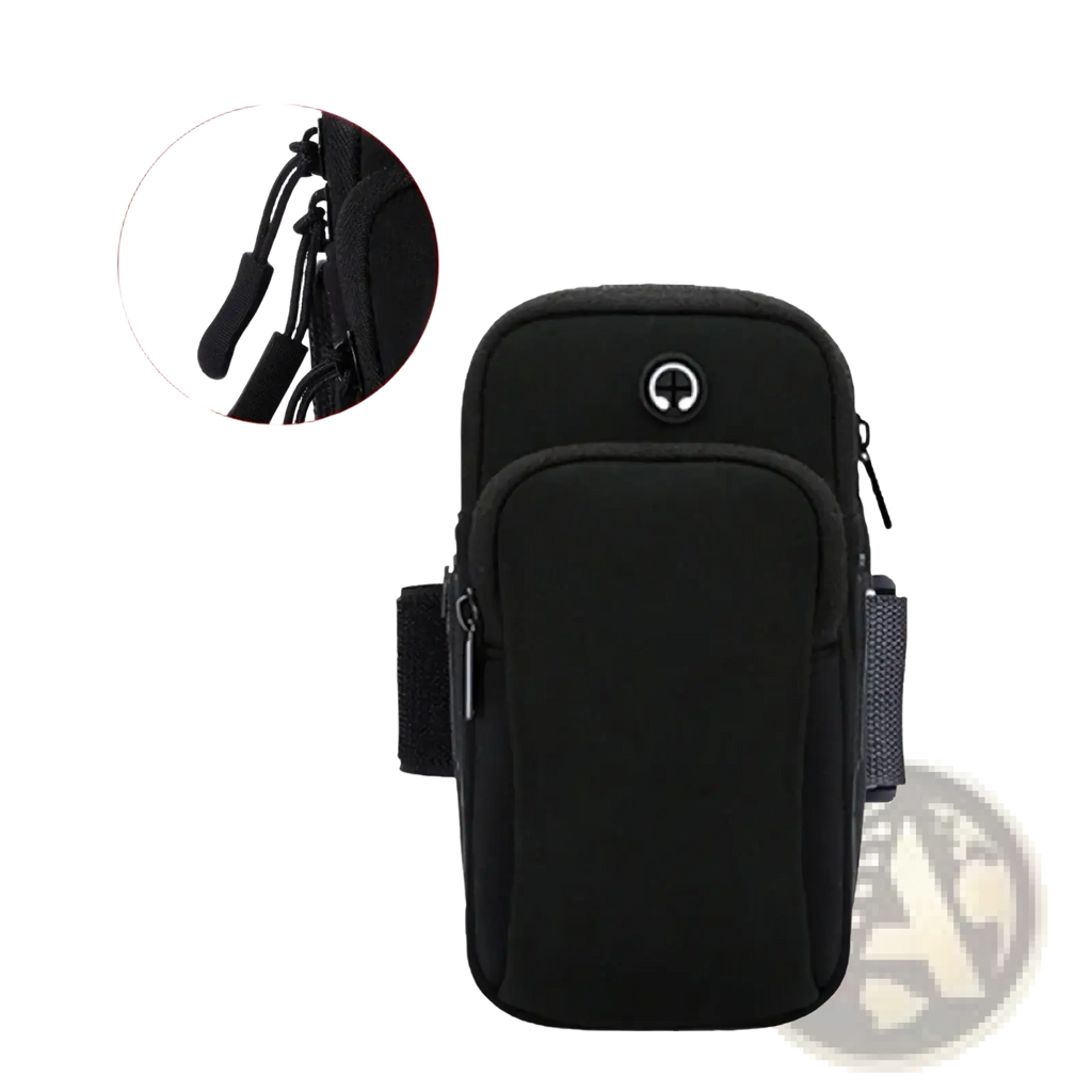 Black fabric running phone armband with central zipper pocket and side straps for secure fit under 6 inch phones
