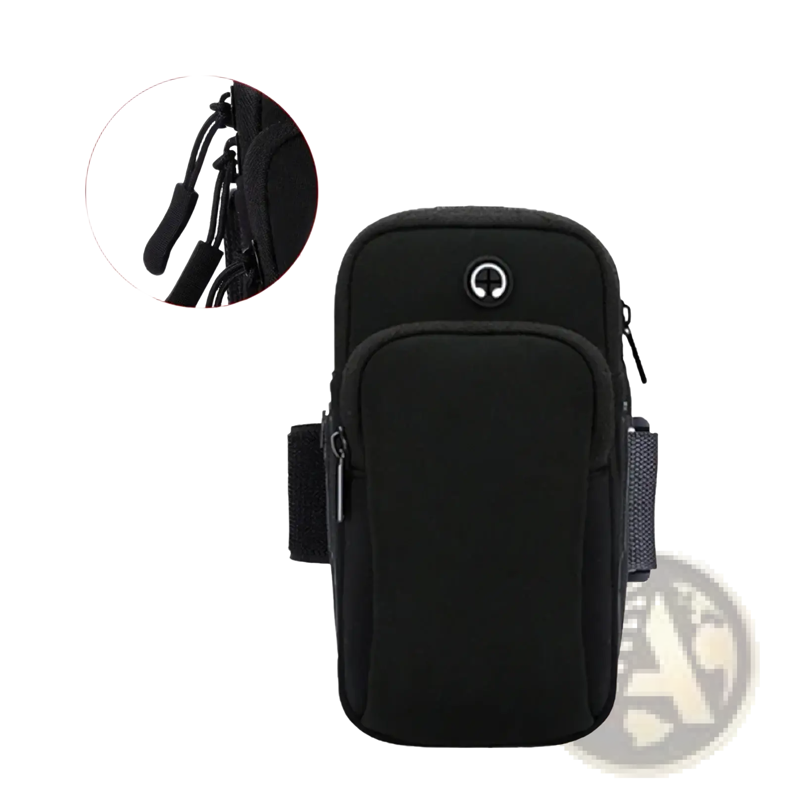 Black fabric running phone armband with central zipper pocket and side straps for secure fit under 6 inch phones