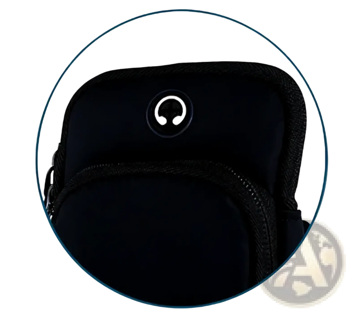 Black fabric headphone pouch with white circular headphone logo designed for running phone armband under 6 inch smartphones