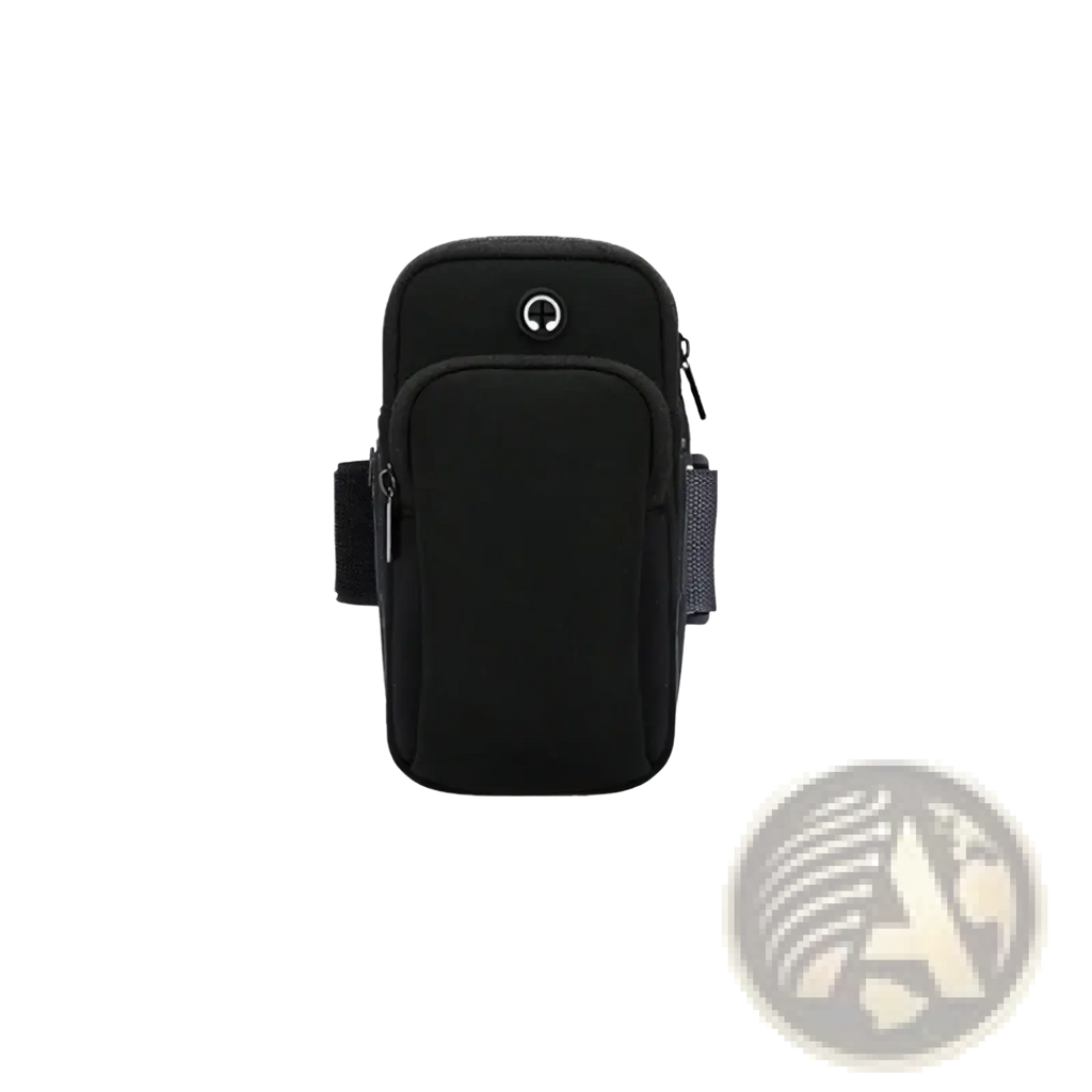 Black neoprene running phone armband with zipper closure and adjustable strap for under 6 inch smartphones