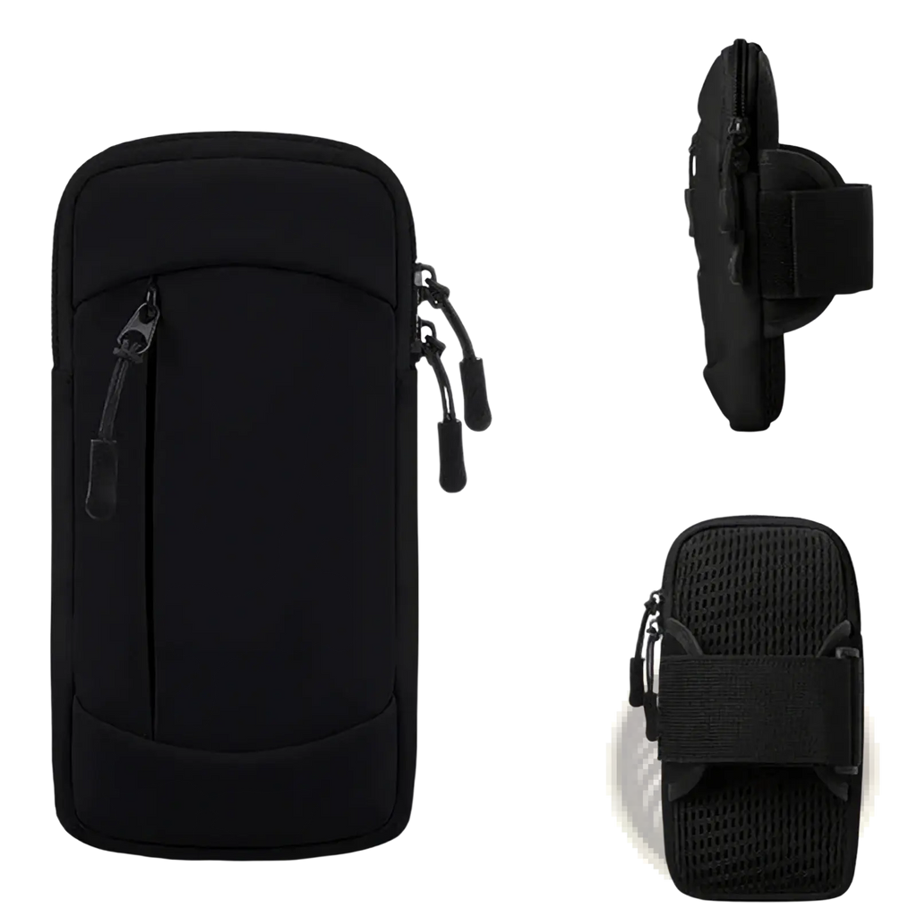 Black 6.8 inch running phone armband with zipper closure and mesh ventilation panel on the back for sports use