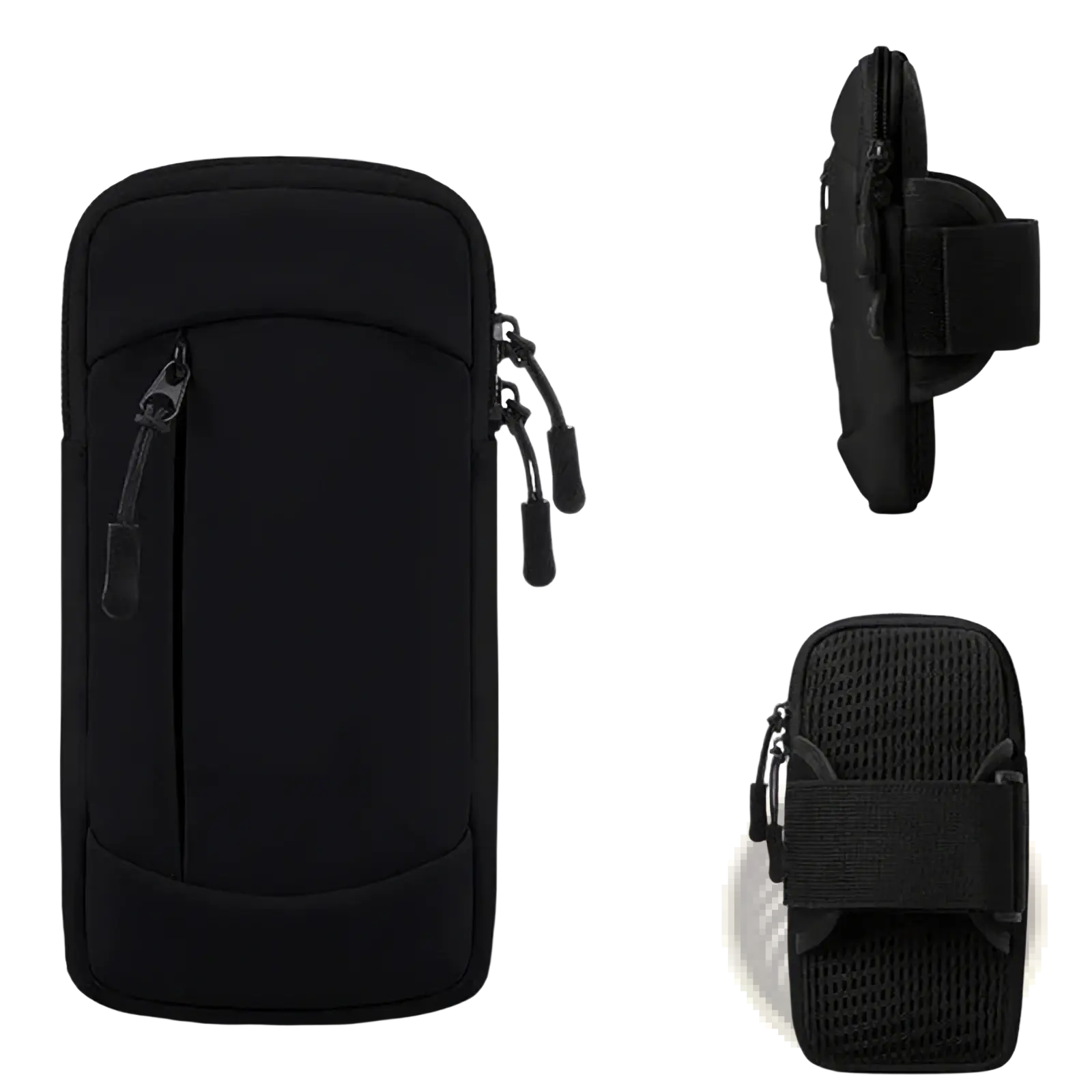 Black 6.8 inch running phone armband with zipper closure and mesh ventilation panel on the back for sports use