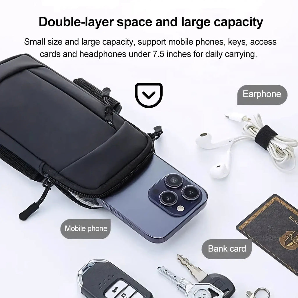 Black double-layer running phone armband with zippered compartments and adjustable strap for secure daily carrying