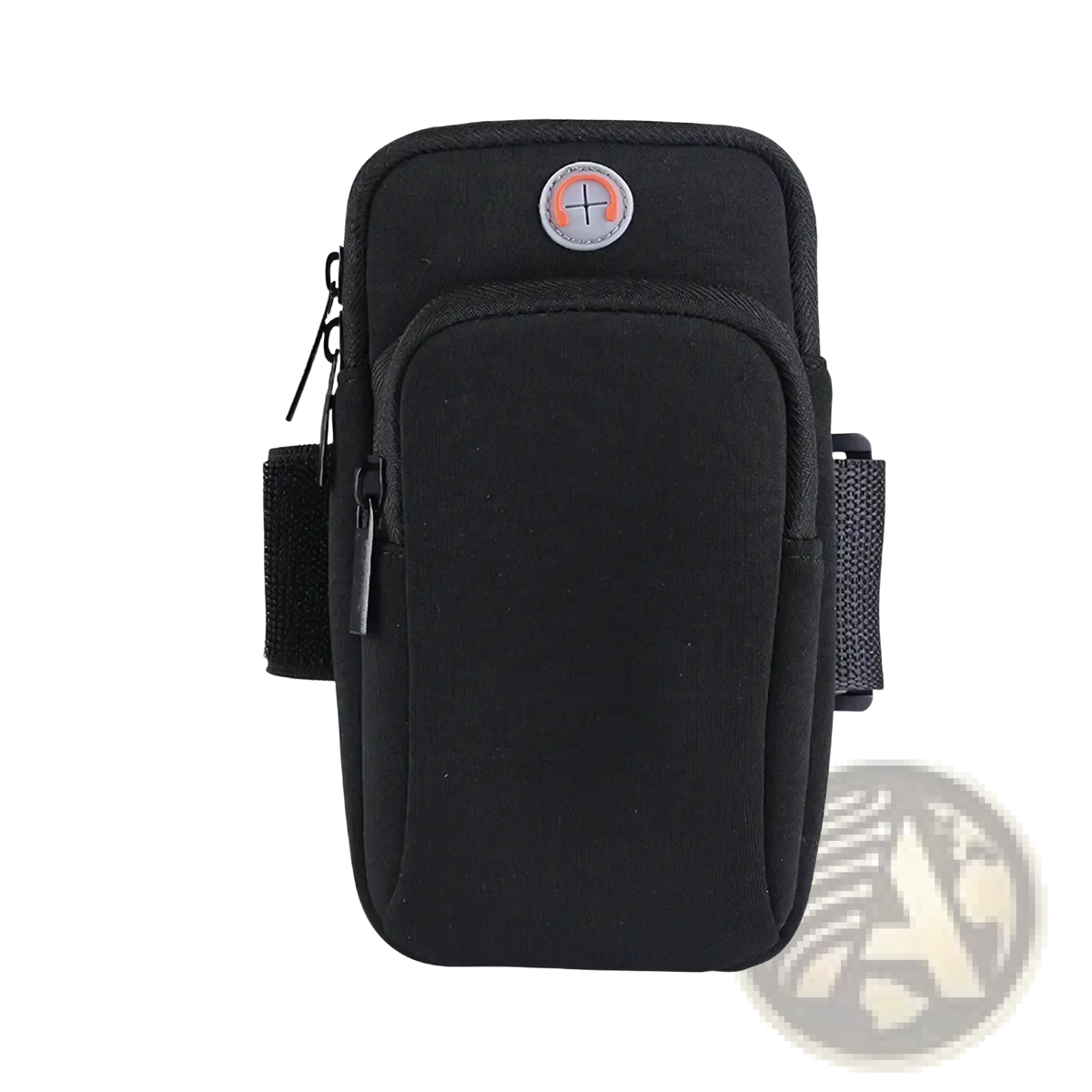 Black fabric running phone armband with waterproof sports pouch circular logo patch and adjustable straps visible on back side