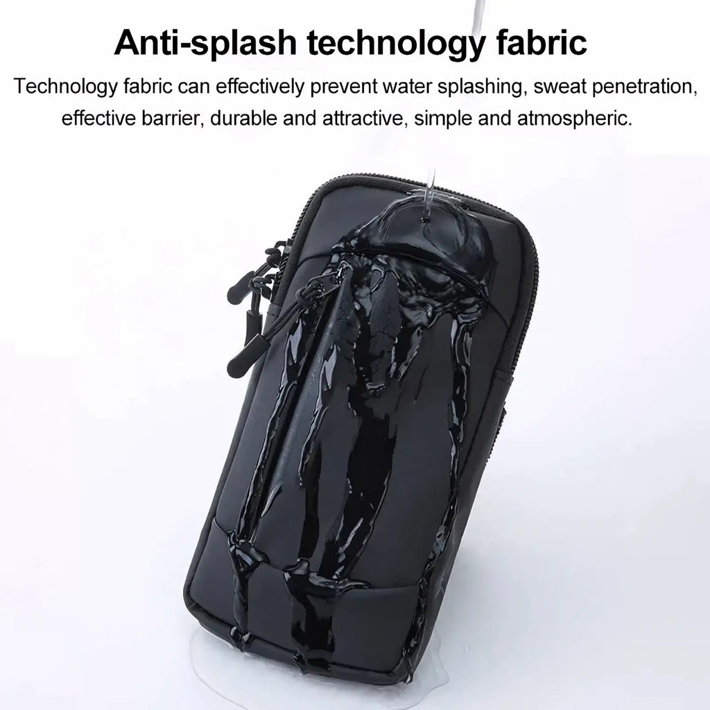 Black glossy anti-splash fabric running phone armband pouch with zipper closure for waterproof sports use