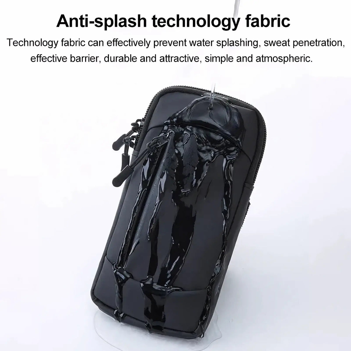 Black glossy anti-splash fabric running phone armband pouch with zipper closure for waterproof sports use