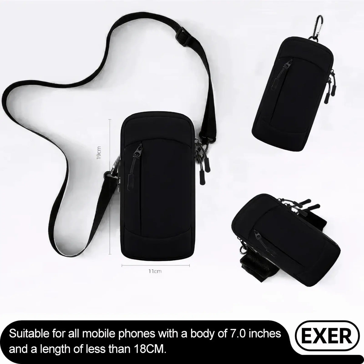 Black exer brand running phone armband sports pouch with adjustable strap and multiple zippered compartments