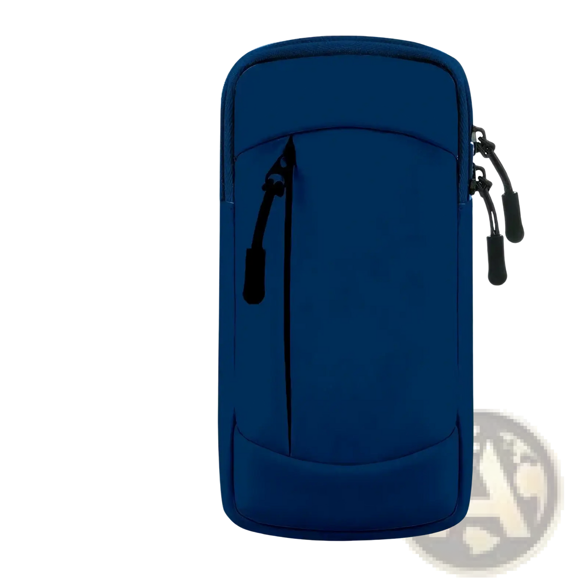 Blue running phone armband waterproof sports pouch with black zipper pulls and minimalist wristlet design