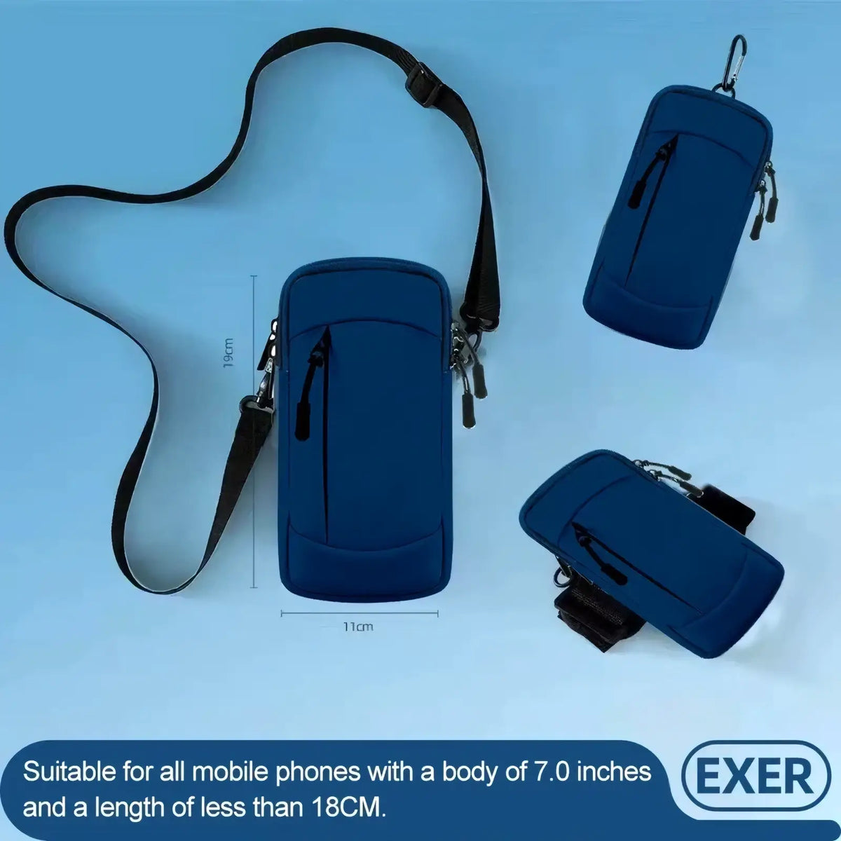 Blue neoprene running phone armband with black adjustable strap and zipper closure waterproof sports pouch
