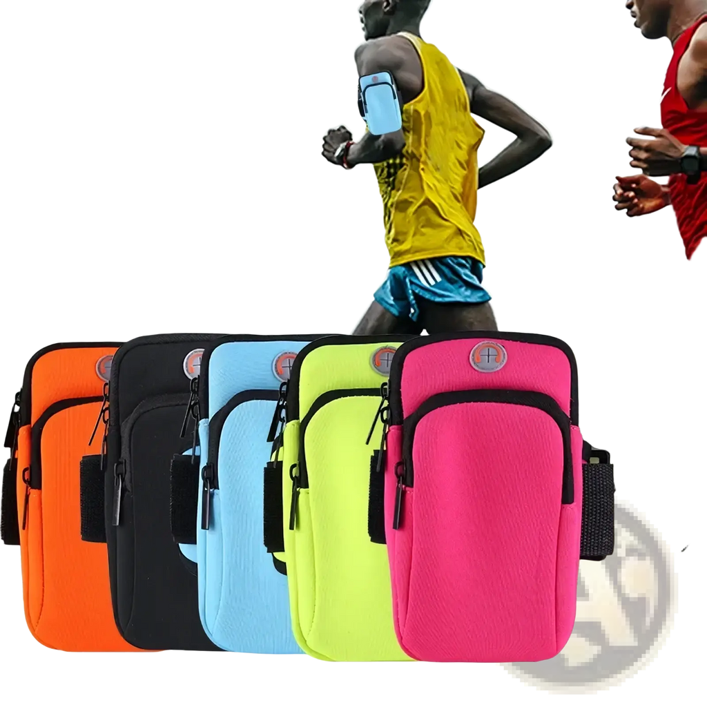 Bright pink neon running phone armband with black trim and zipper designed as a waterproof sports pouch