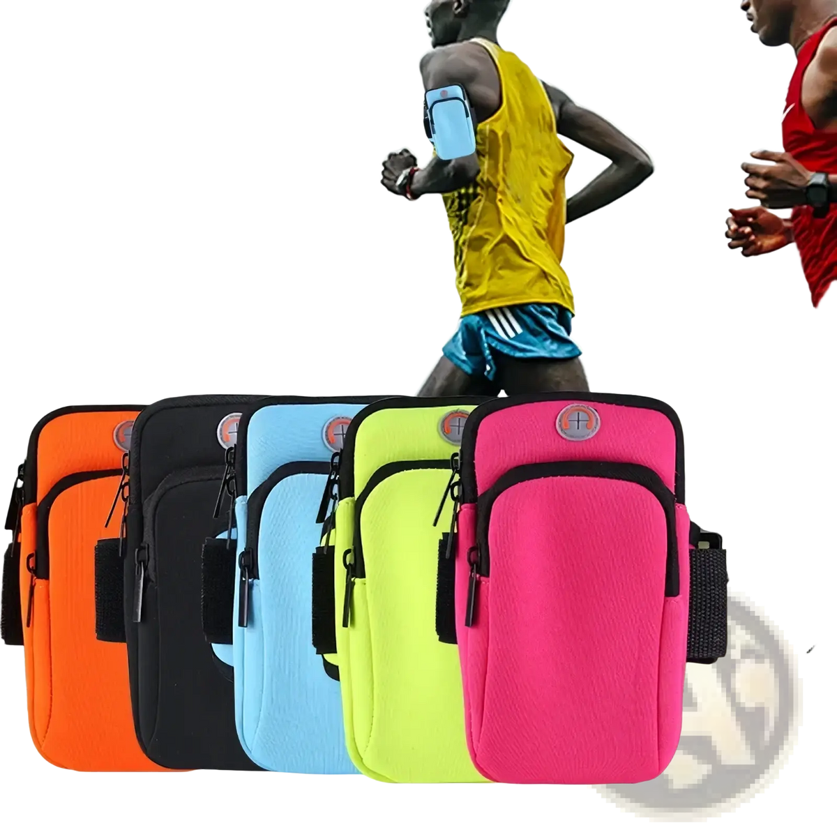 Bright pink neon running phone armband with black trim and zipper designed as a waterproof sports pouch