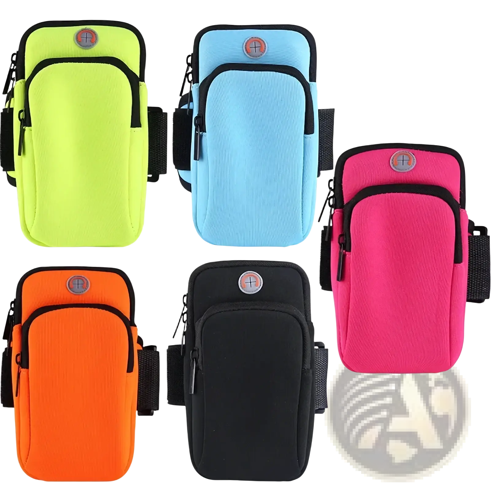 Running phone armband waterproof sports pouch in neon green light blue pink orange and black neoprene with adjustable straps
