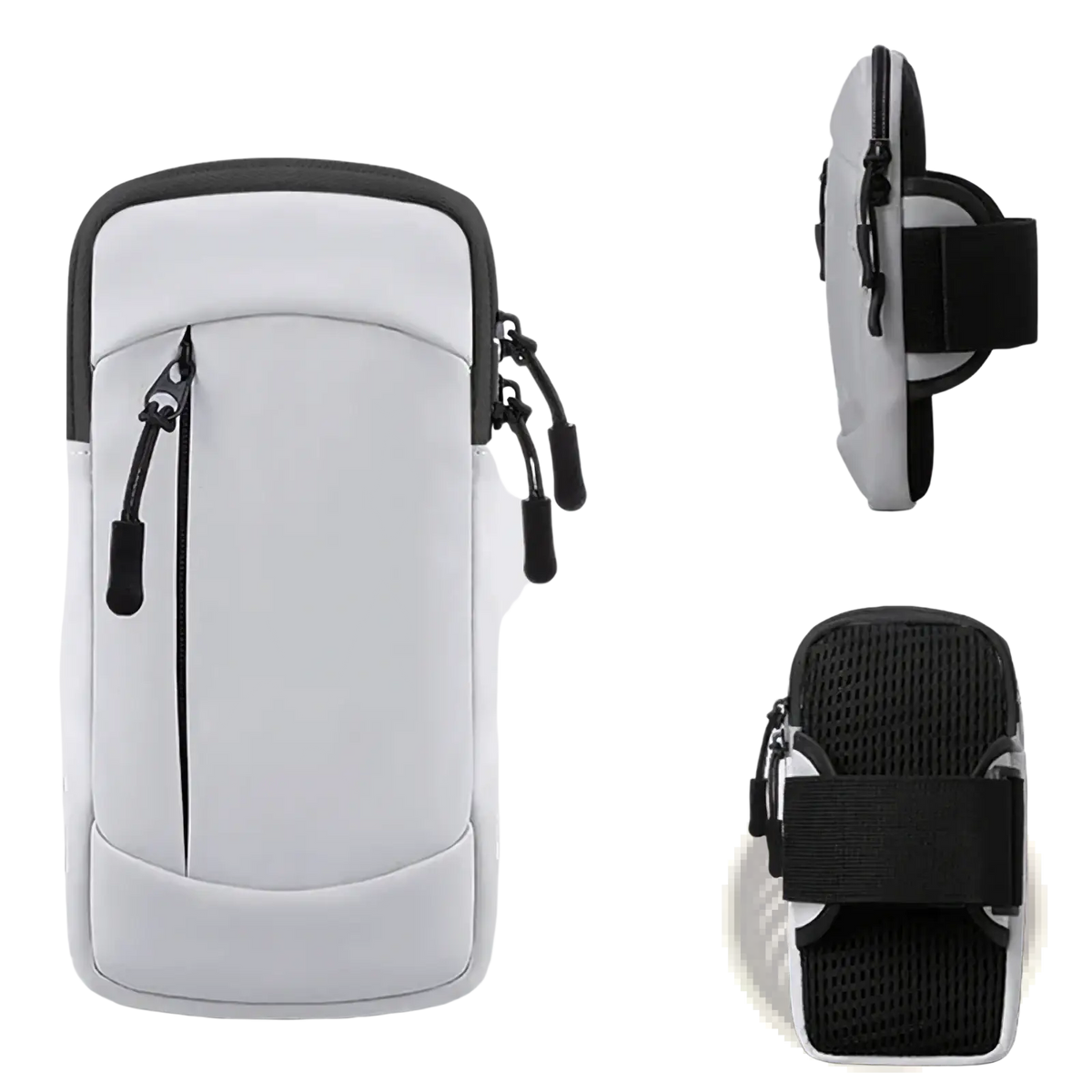 Grey running phone armband with waterproof sports pouch, black zipper pulls, and breathable mesh lining