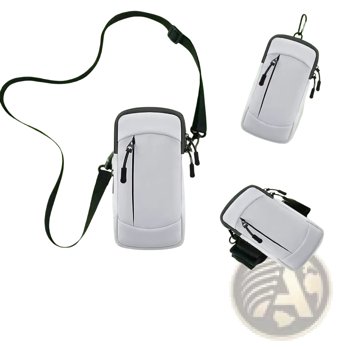 White and black sporty running phone armband with adjustable strap and waterproof pouch for outdoor sports use
