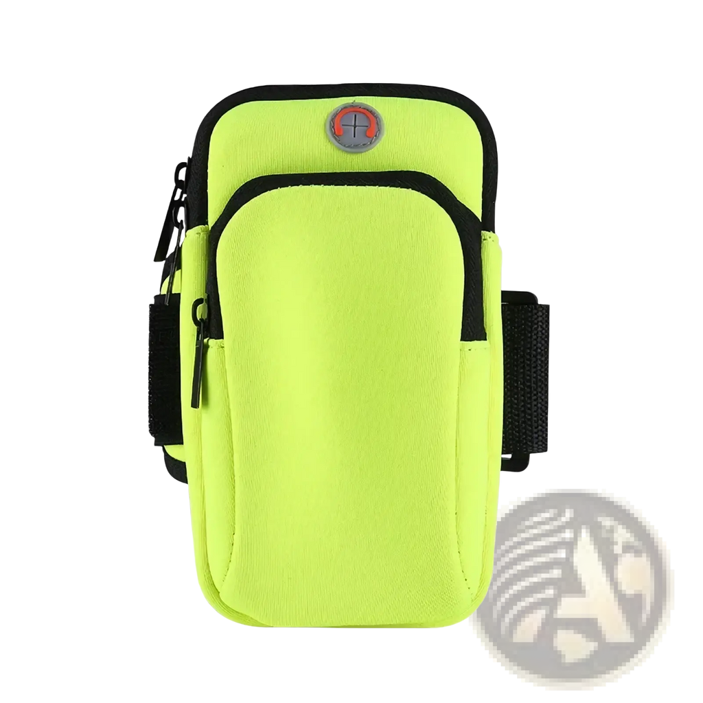 Bright neon green running phone armband with black trim and zippers waterproof sports pouch for athletics
