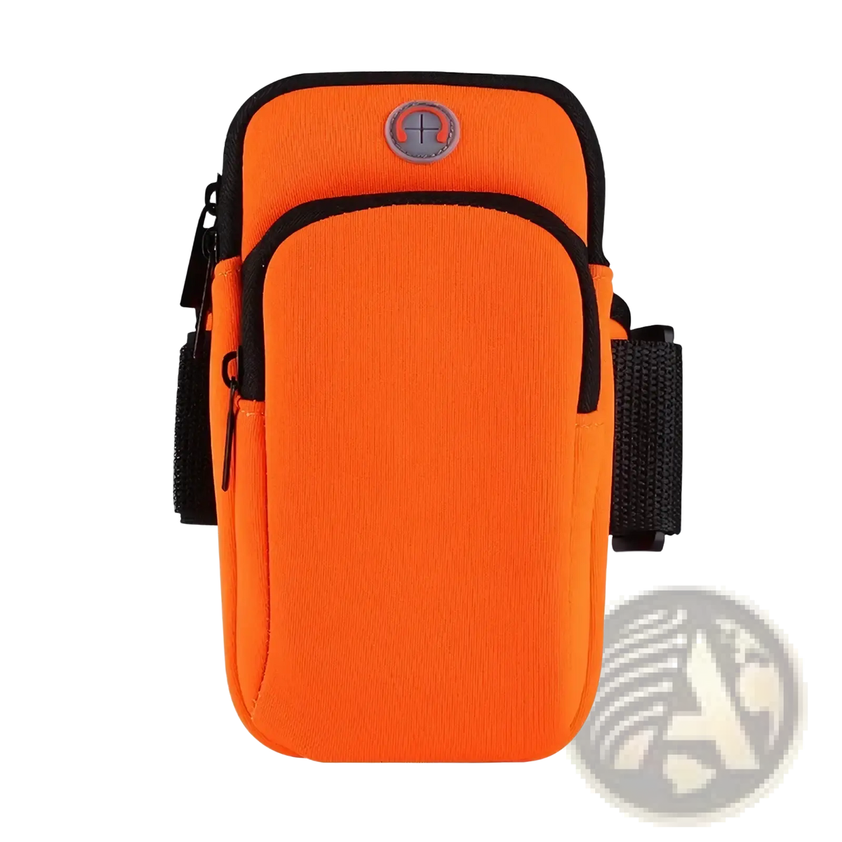 Bright orange waterproof running phone armband with black trim and circular logo for sports use