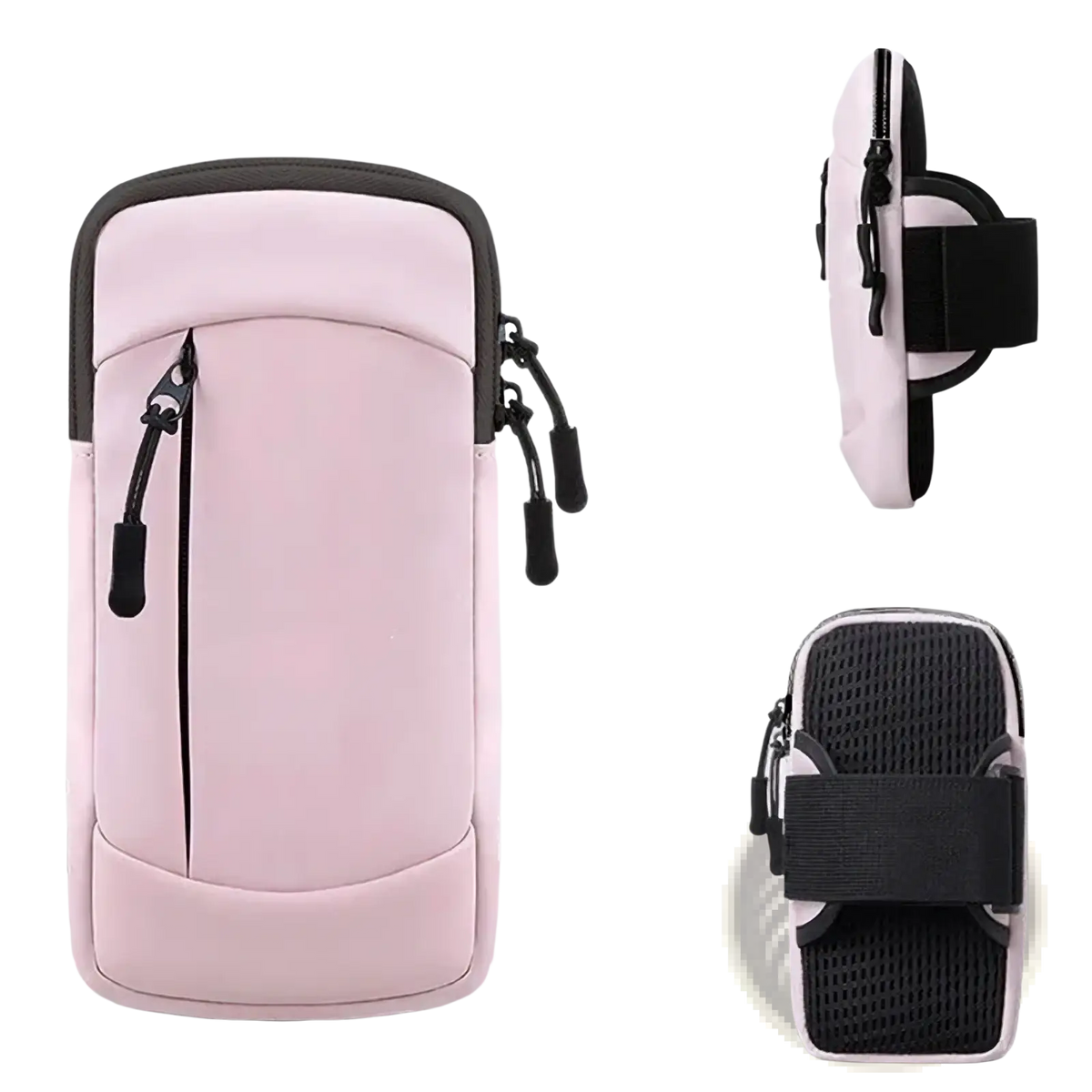 Pink running phone armband with black zipper pulls and adjustable strap for waterproof sports use