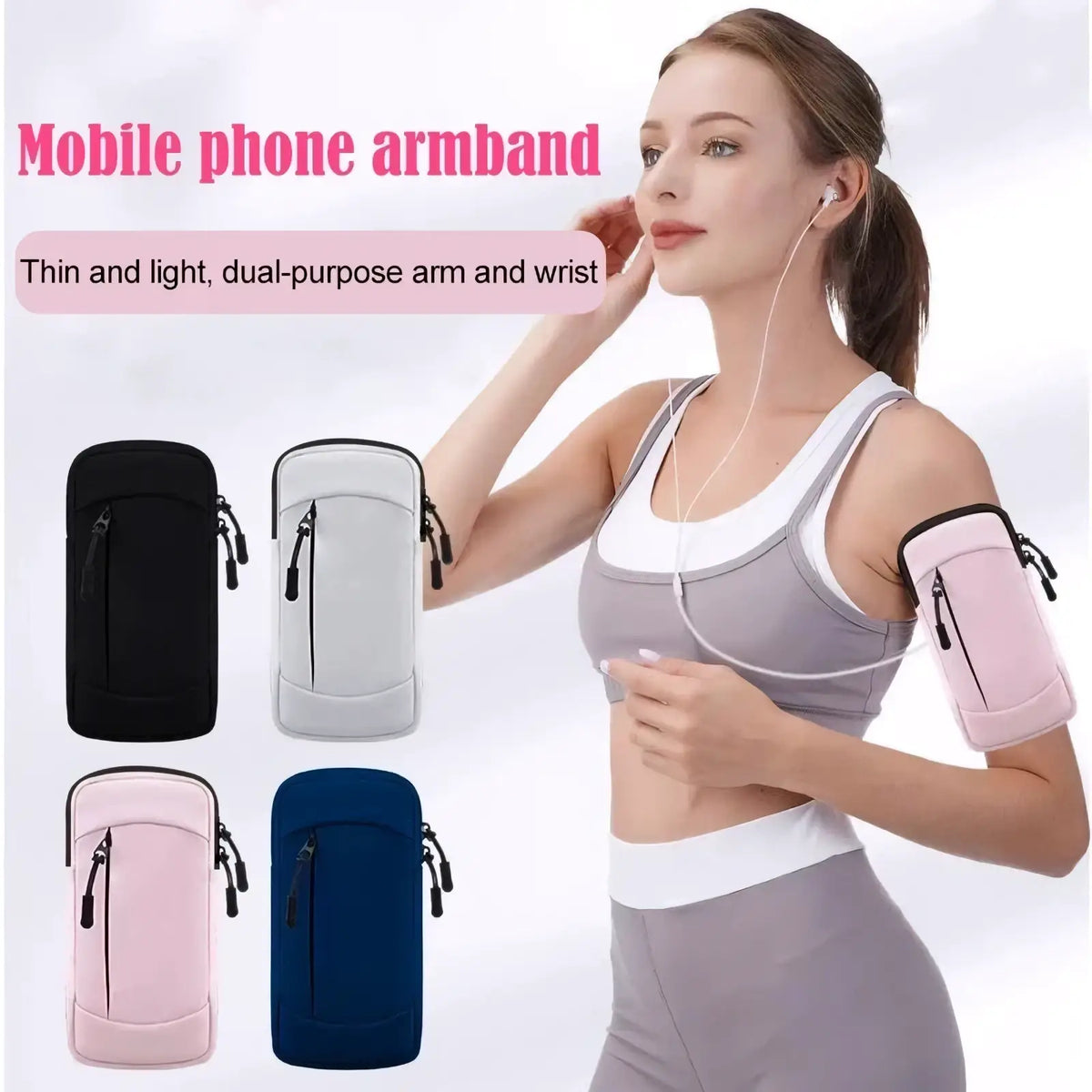 Pink running phone armband with waterproof pouch, black zipper and trim for sports use, shown from the back side