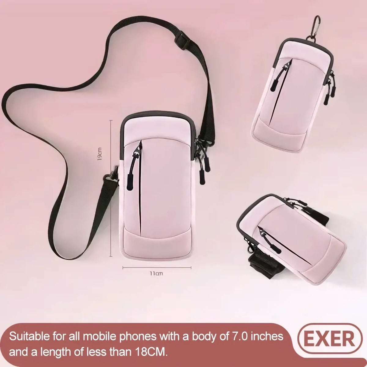 Light pink neoprene running phone armband with black zipper pulls and adjustable strap for sports use