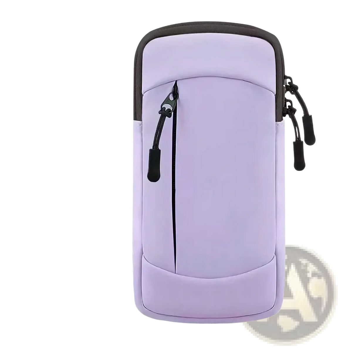 A lavender compact running phone armband with waterproof material black zipper pulls and trim for sports use