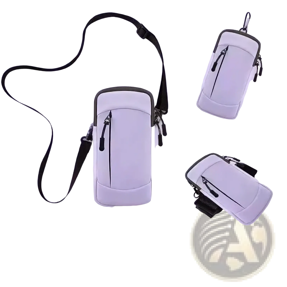 Light gray neoprene running phone armband with black zipper pulls and adjustable strap waterproof sports pouch