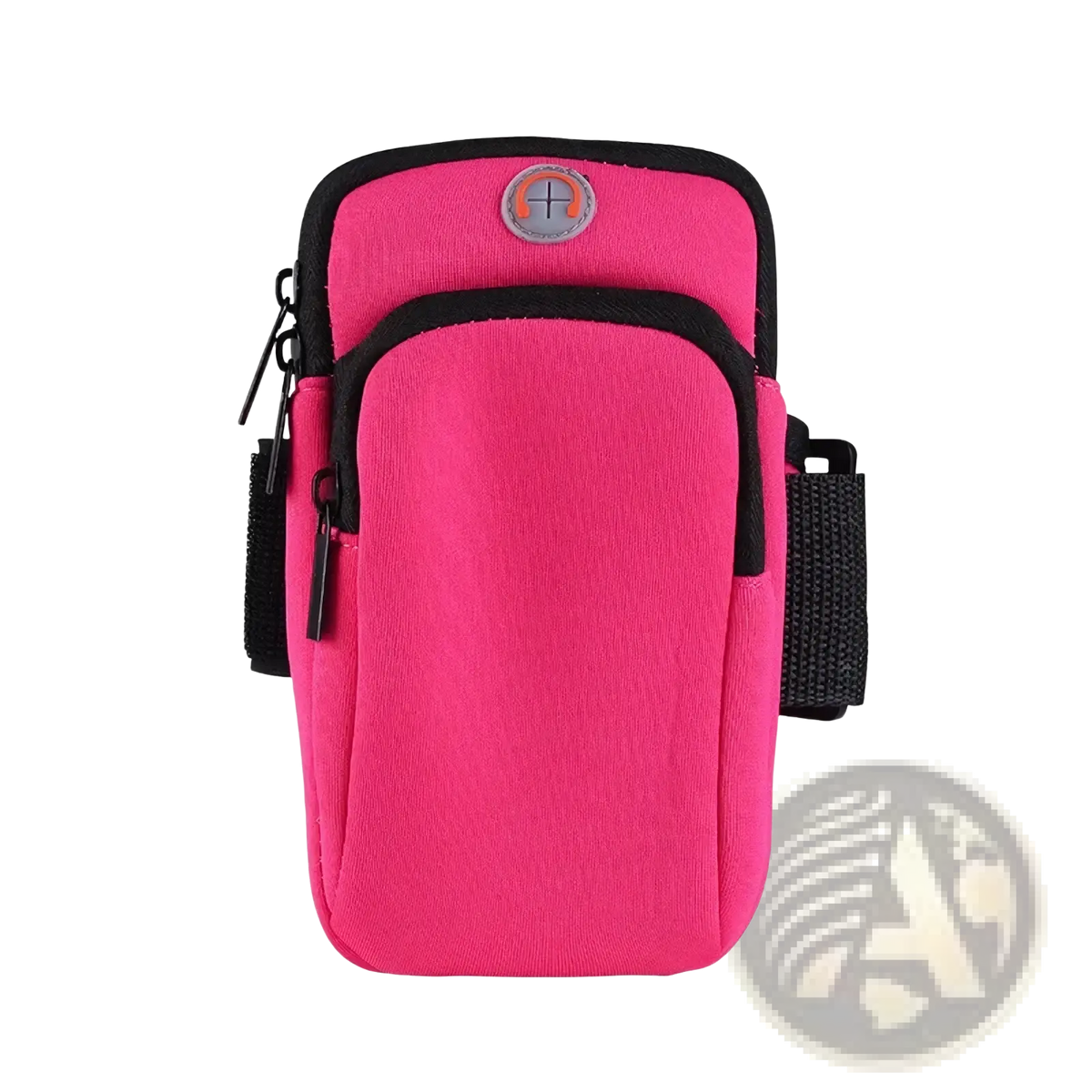 Bright pink running phone armband with waterproof pouch, black trim, and zipper details for sports use