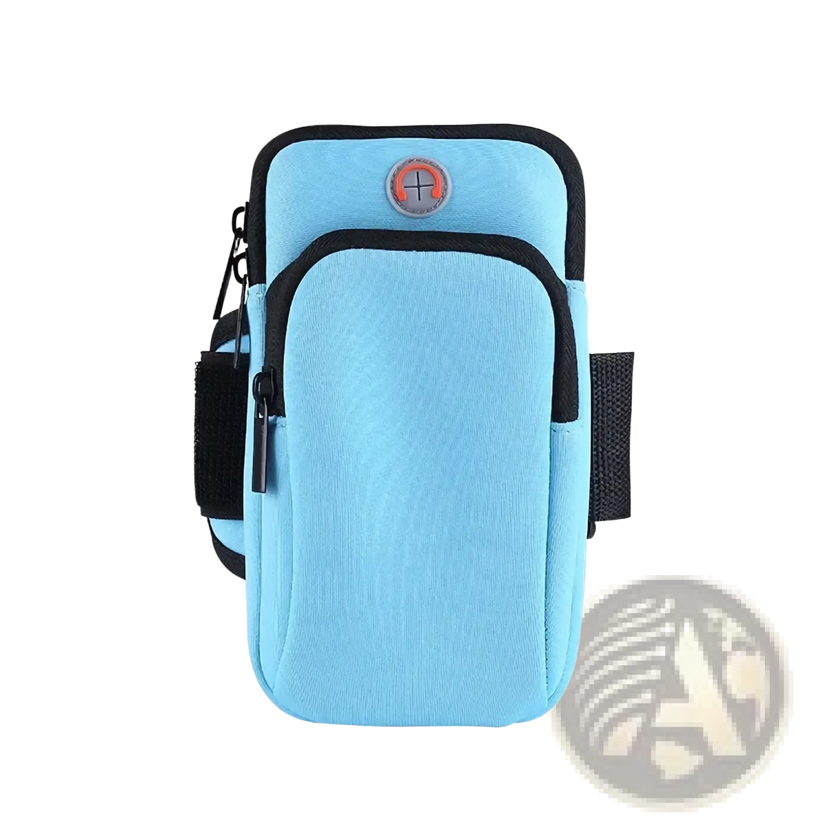 Light blue waterproof running phone armband with black trim and zipper details for secure sports use