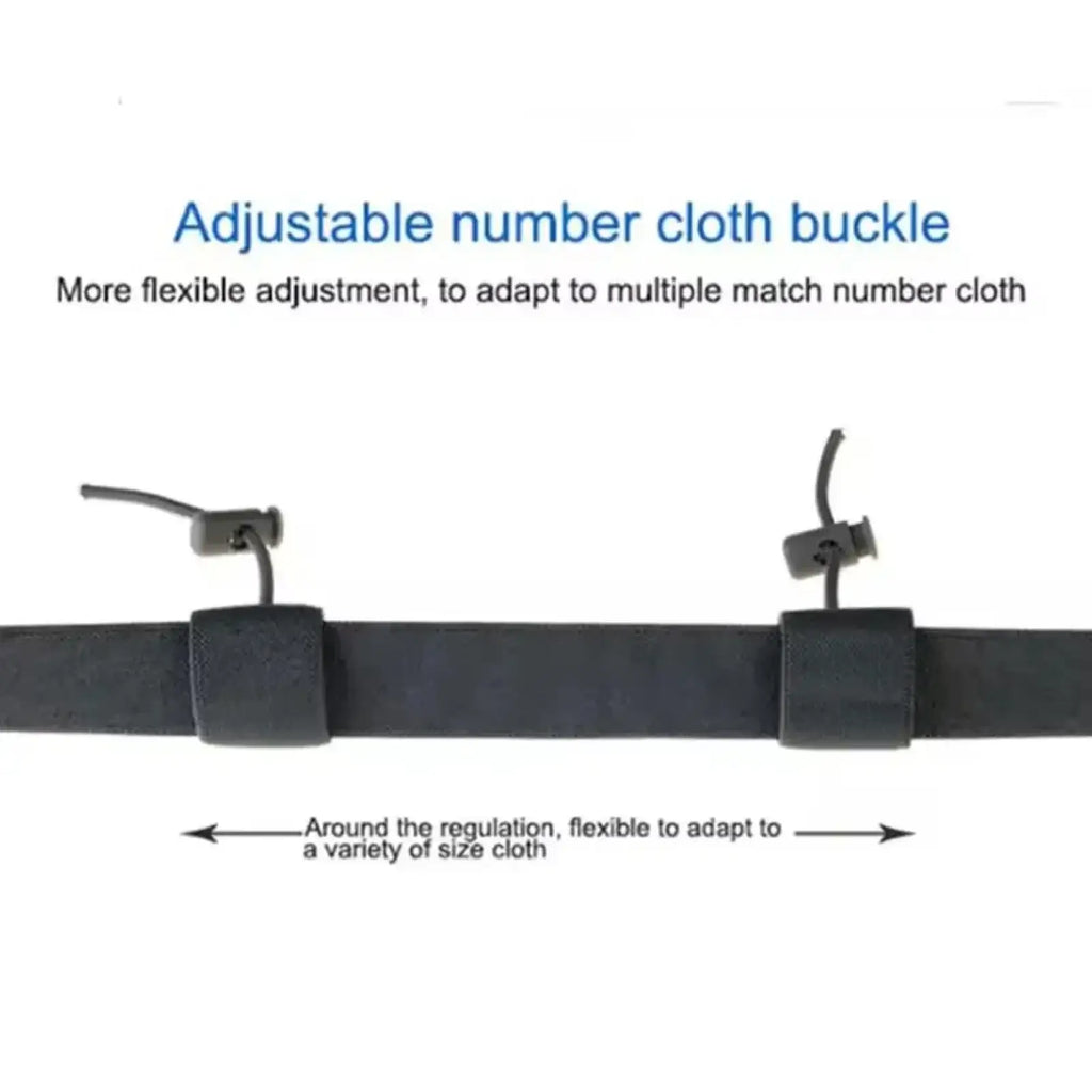 Black running race belt with adjustable number cloth buckle elastic straps and plastic clips for securing bibs and gels