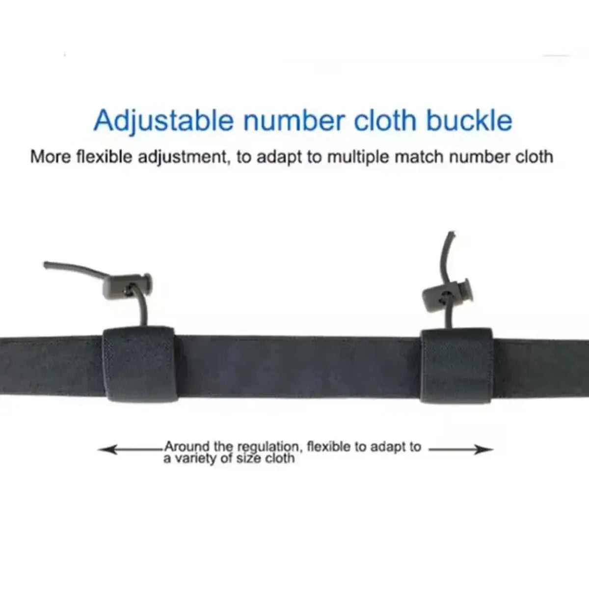 Black running race belt with adjustable number cloth buckle elastic straps and plastic clips for securing bibs and gels
