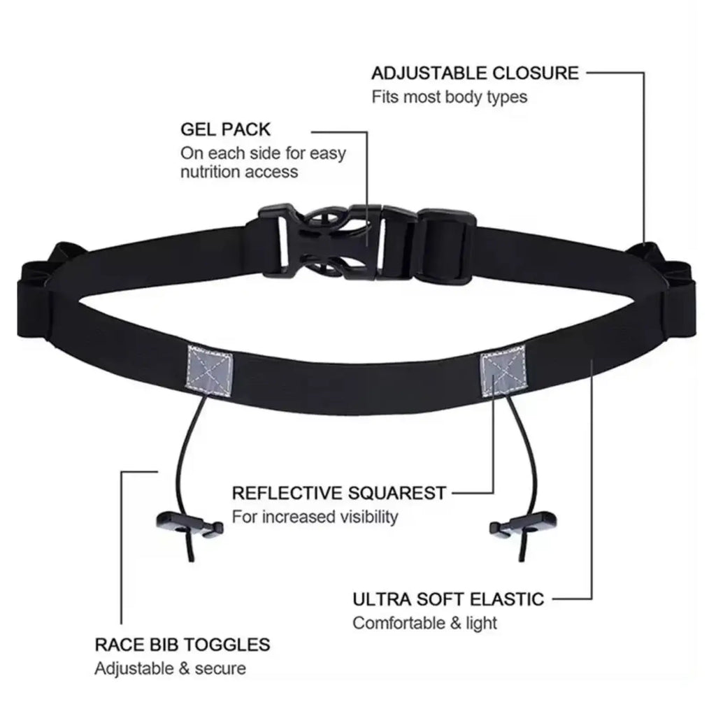 Black elastic running race belt with bib holder adjustable closure and reflective square patches for safety