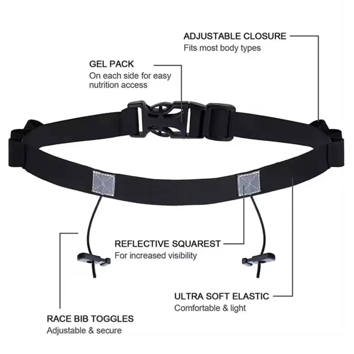Black elastic running race belt with bib holder adjustable closure and reflective square patches for safety