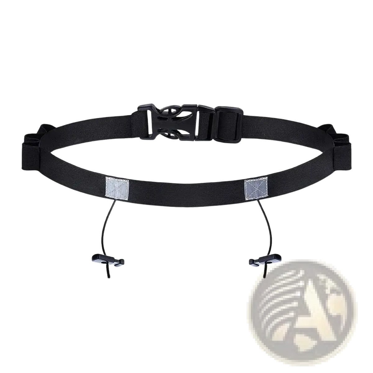 Black nylon running race belt with reflective silver patches adjustable plastic buckles bib holder and gel loops