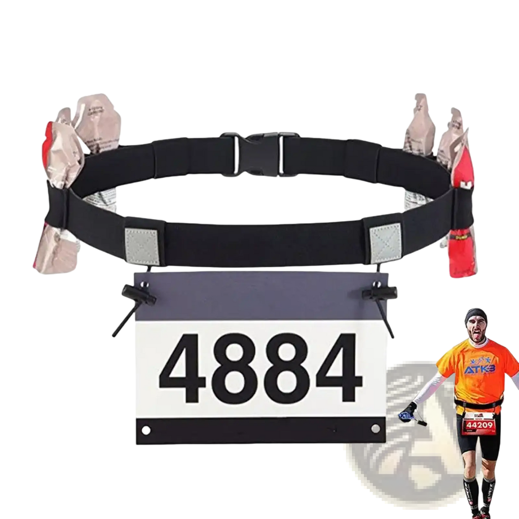 Black running race belt with reflective patches, multiple pouches holding water bottles, and detachable bib holder displaying 4884