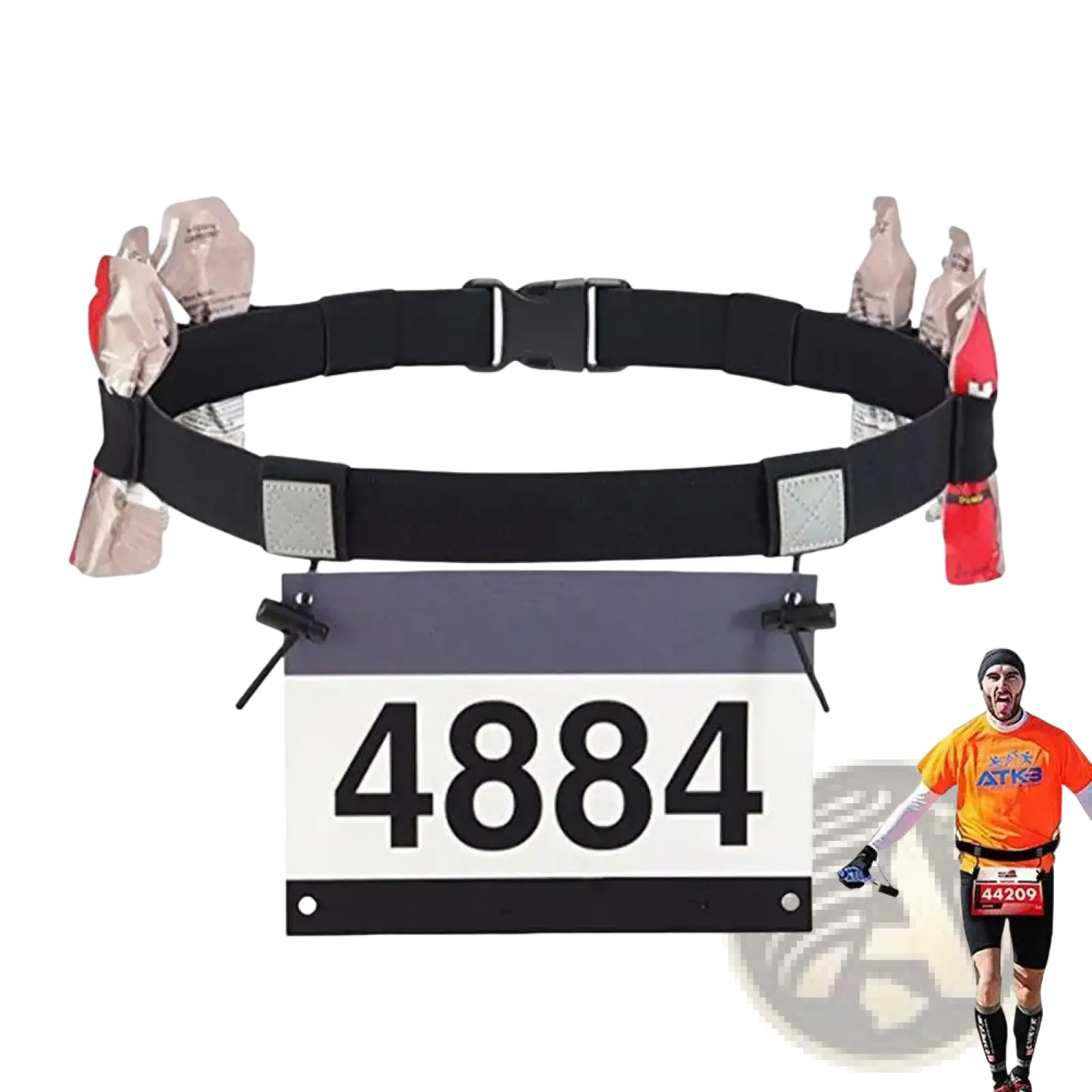 Black running race belt with reflective patches, multiple pouches holding water bottles, and detachable bib holder displaying 4884