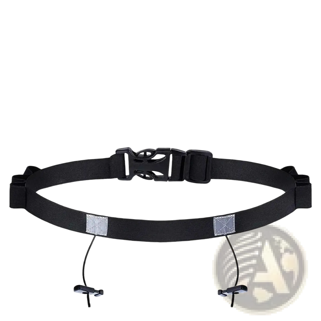 Black running race belt with bib holder reflective square patches and adjustable buckle system for secure fit