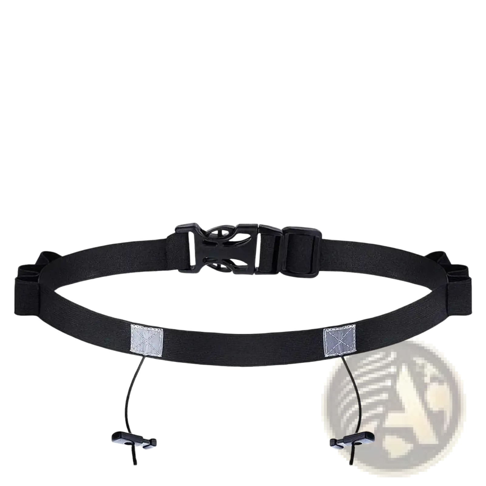 Black running race belt with bib holder reflective square patches and adjustable buckle system for secure fit