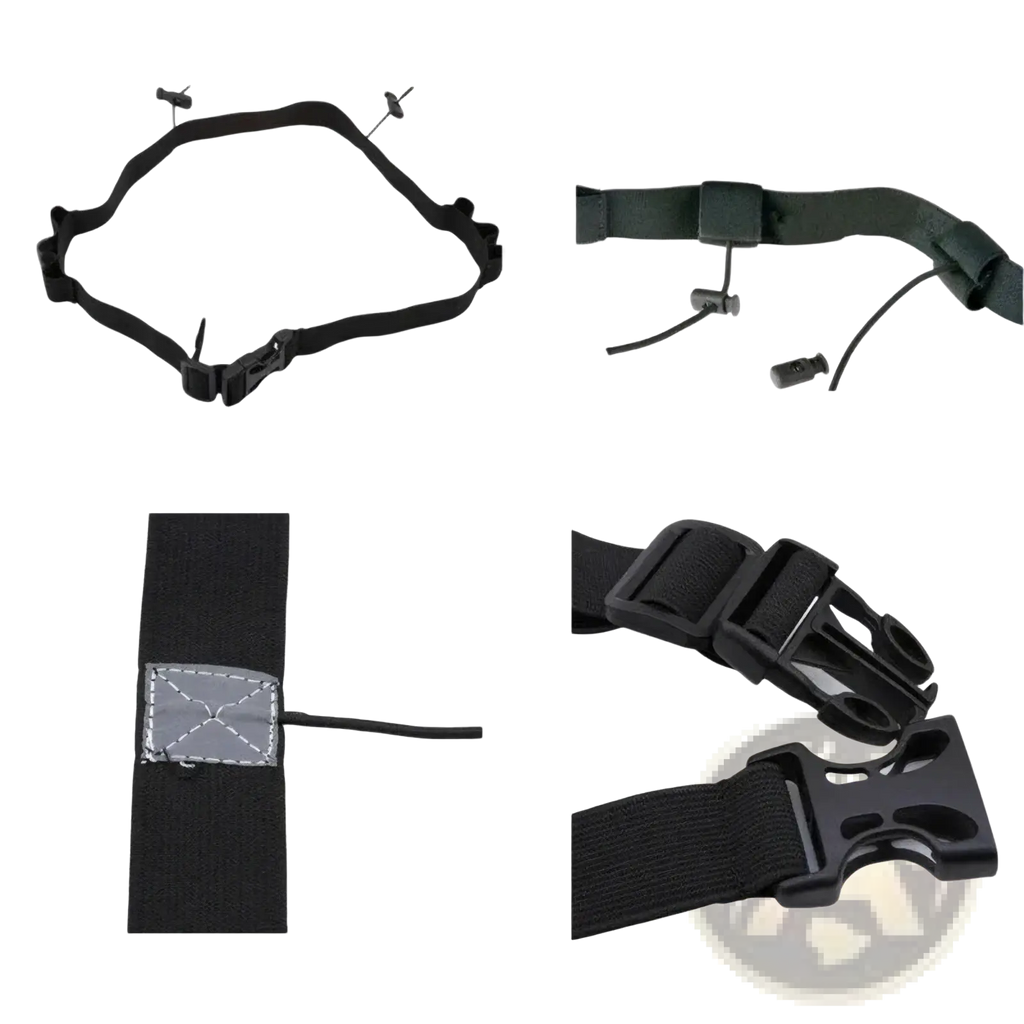 Black elastic running race bib belt with adjustable plastic buckles and reflective patch for energy gel loops use