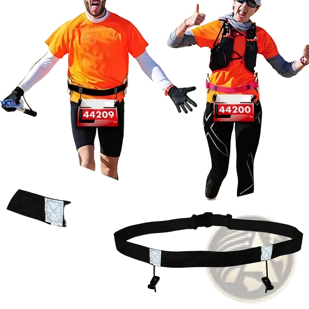 Black running race bib belt with reflective patches adjustable buckle system and energy gel loops for marathon use