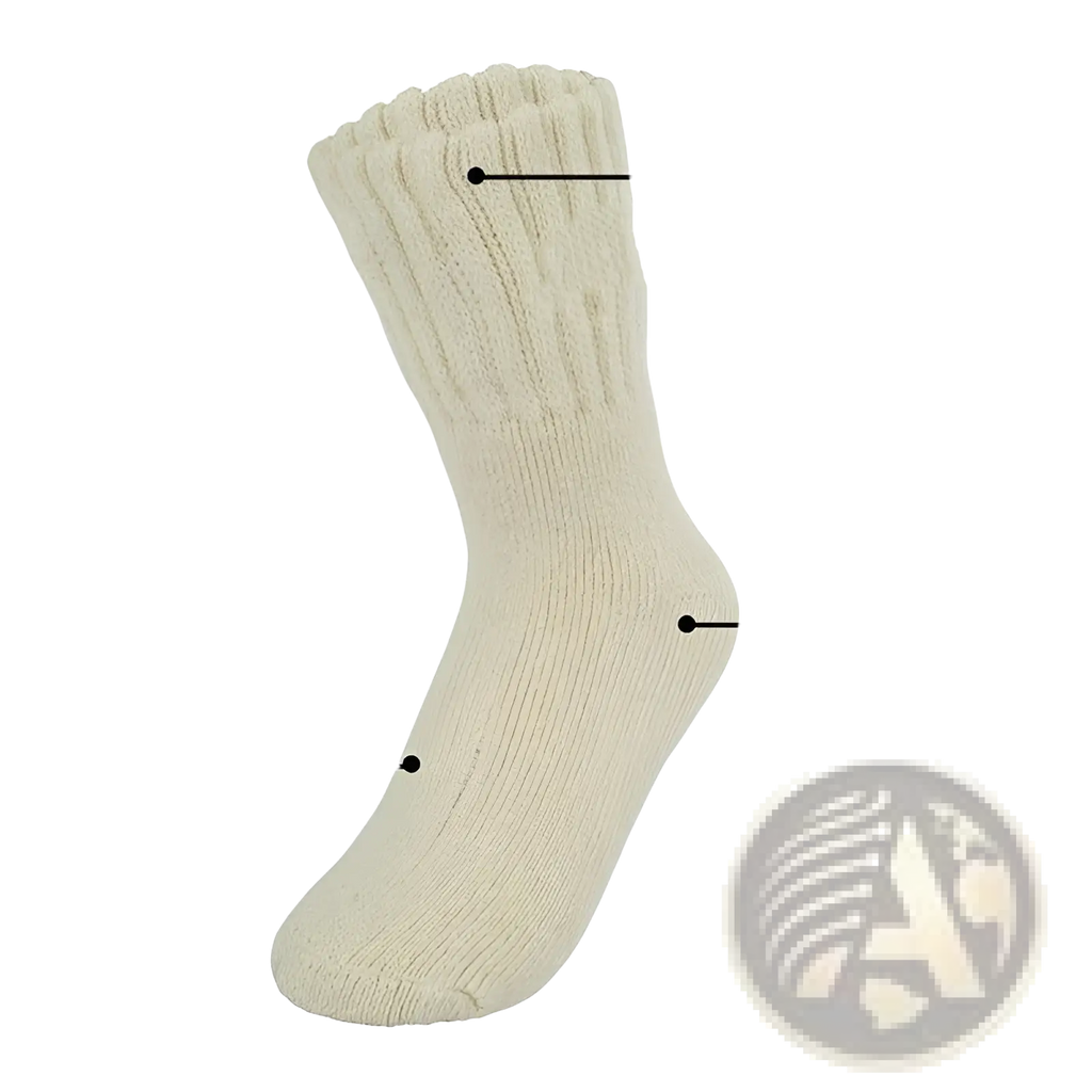 Cream-colored ribbed knit running socks with thick cushioned crew design for warmth and flexibility