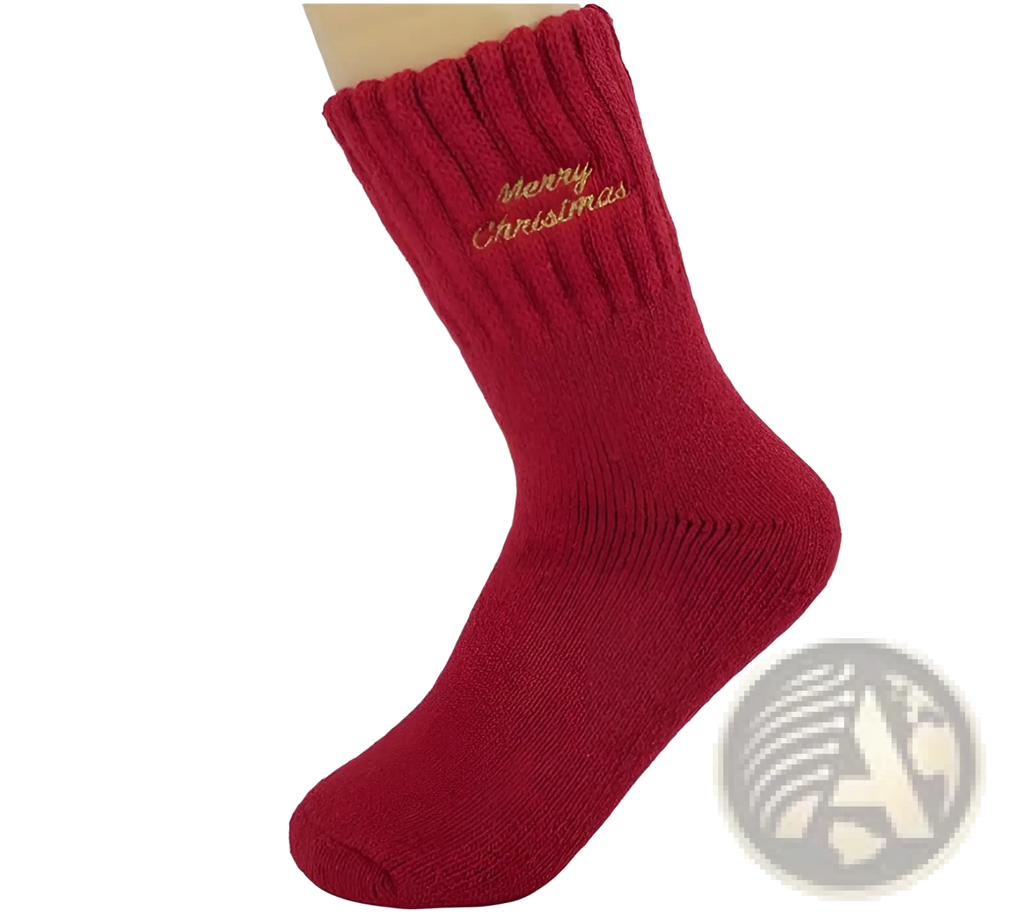 Red knitted thick cushioned crew running sock with merry christmas embroidered in gold thread for festive wear