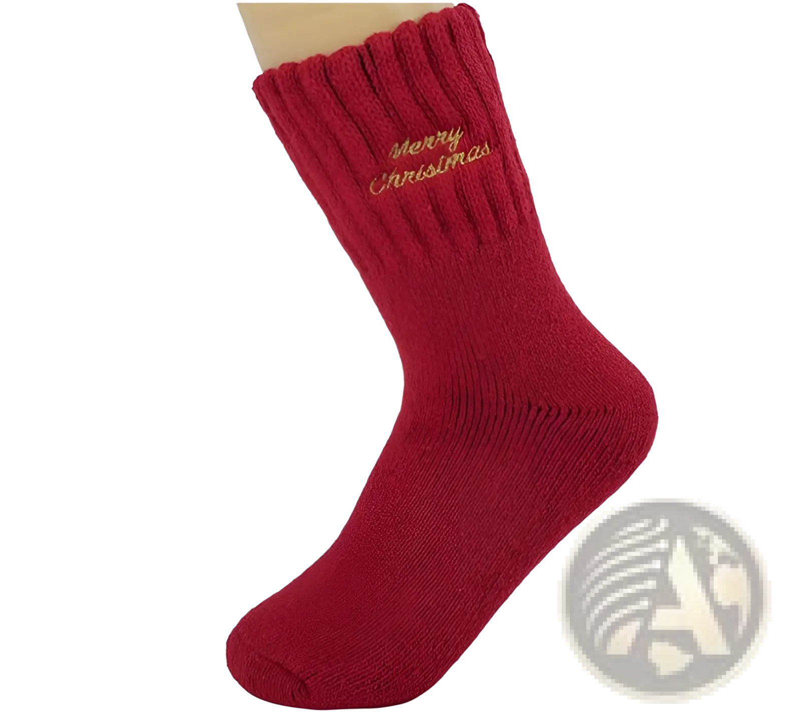 Red knitted thick cushioned crew running sock with merry christmas embroidered in gold thread for festive wear